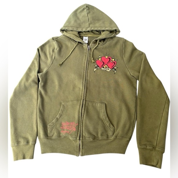 Ed Hardy Tops - Ed Hardy Olive Zip Hoodie LOVE Heart Graphic Y2K Sweatshirt – Size L